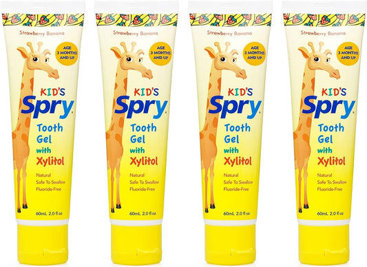 Spry Natural Xylitol Toothpaste for Baby, Toddler and Kids Age 3 Months and Up - Fluoride Free Tooth Gel, Tasty, Support Development of Emerging Teeth, Strawberry Banana 2 Fl Oz (Pack of 4)