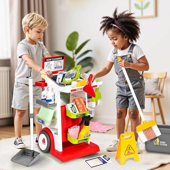 Kids Cleaning Toy Set, Toddler Cleaning Set, Pretend Play Cleaning Toys with Handheld Vacuum That Really Works,Cleaning Supplies,Cleaning Cart for Kids Toddler Christmas Birthday Gift(Red)