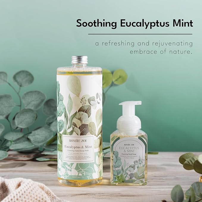 ROMIIE ZOI Eucalyptus & Mint Foaming Hand Soap Refills with Reusable Pump Dispenser - Natural & Cruelty-Free, Gentle & Moisturizing - Large Bottle Bulk for Home & Kitchen-1L/33.8oz (Pack of 3)