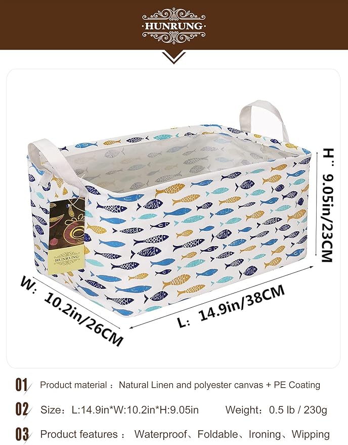 HUNRUNG Rectangle Storage Basket Cute Canvas Organizer Bin for Pet/Children Toys, Books, Clothes Perfect for Rooms/Playroom(rectangle-fish)