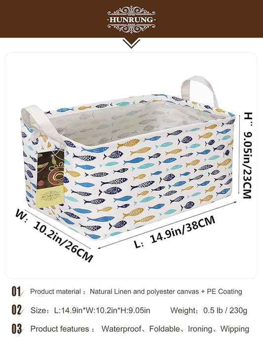 HUNRUNG Rectangle Storage Basket Cute Canvas Organizer Bin for Pet/Children Toys, Books, Clothes Perfect for Rooms/Playroom(rectangle-fish)
