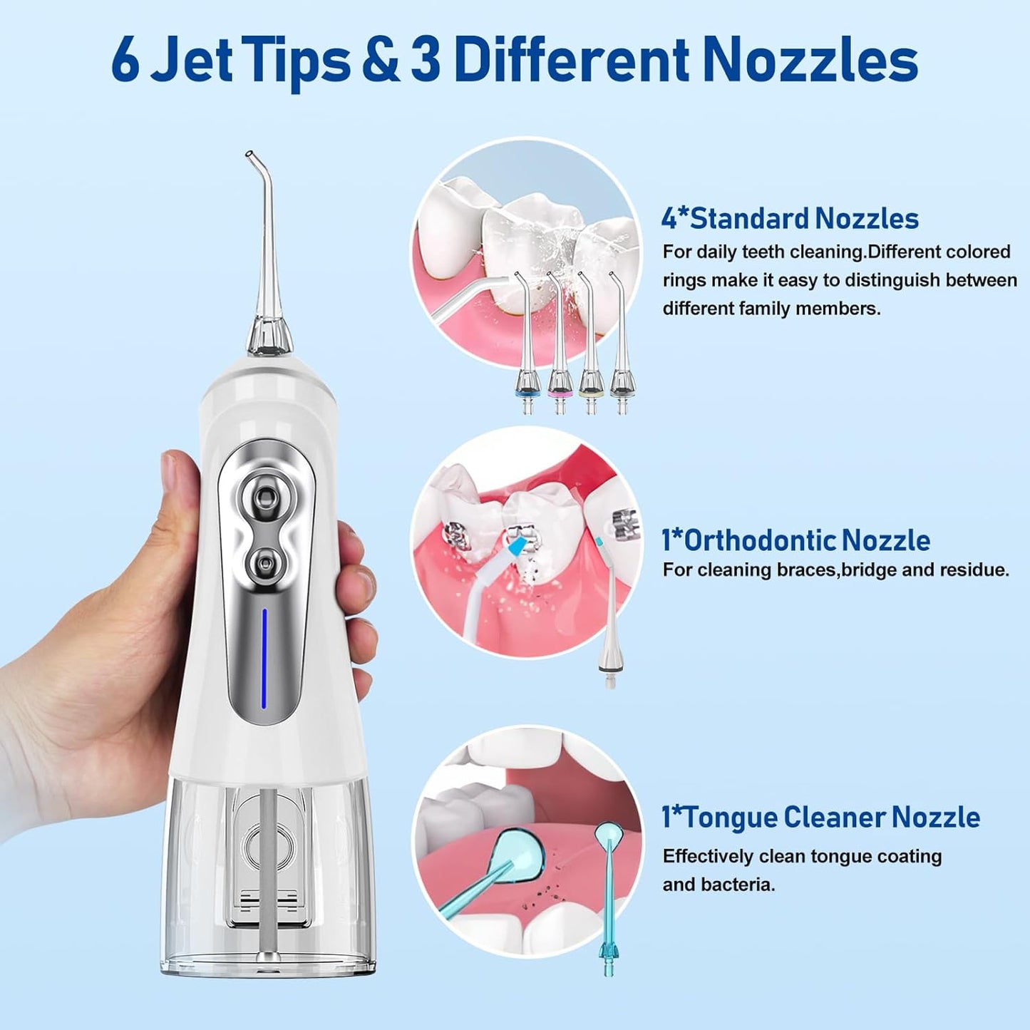 NBGRLVS Water Dental Flosser Cordless for Teeth Pick Cleaning - Powerful Oral Irrigator with 6 Adjustable Modes,320ML Portable & Rechargeable IPX7 Waterproof Cleaner Picks for Home Travel (White)