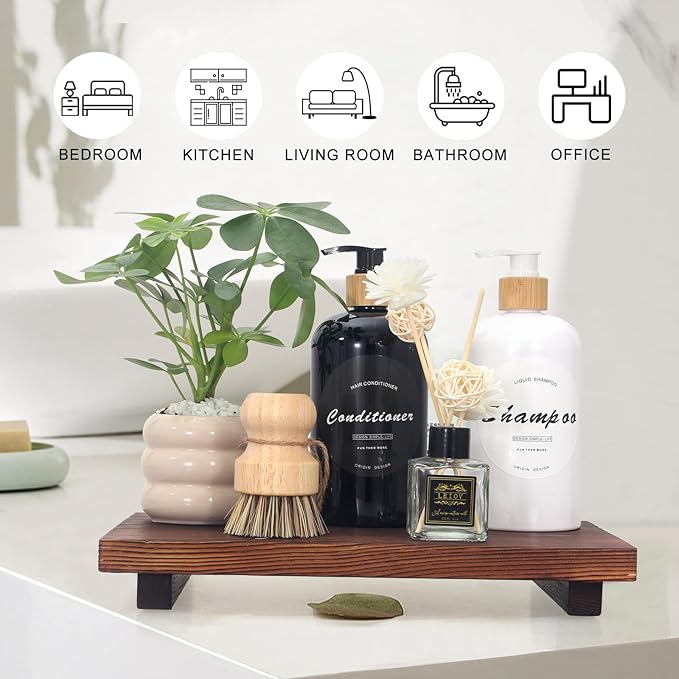 Farmhouse Bathroom Tray Organizer Wooden Riser Stand Wood Trays for Kitchen Counter Decor Pedestal Dish Soap Dispenser Holder Kitchen Sink Tray Modern Bathroom Vanity Accessories Decorative Trays