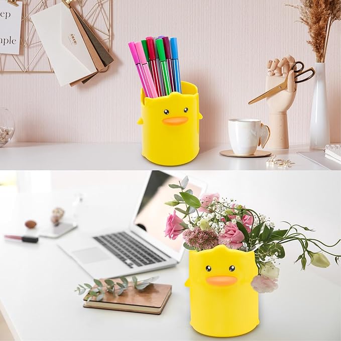2 Pcs Pencil Holder for Kids, Cute Cartoon Little Yellow Duck Pen Holder, Multifunctional Phone Holder Makeup Brush Holder Stationery Storage Cup