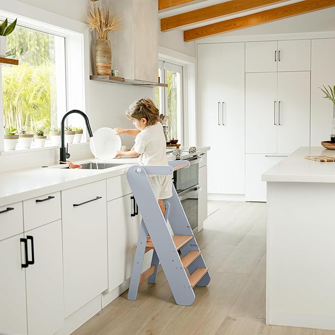 Comfy Cubs Kids Step Stool for Ages 3+, 3 Height Adjustable Toddler Tower, Montessori Furniture Designed in The US - Toddler Standing Tower for Kitchen Sink & Bathroom Access - Pacific Blue