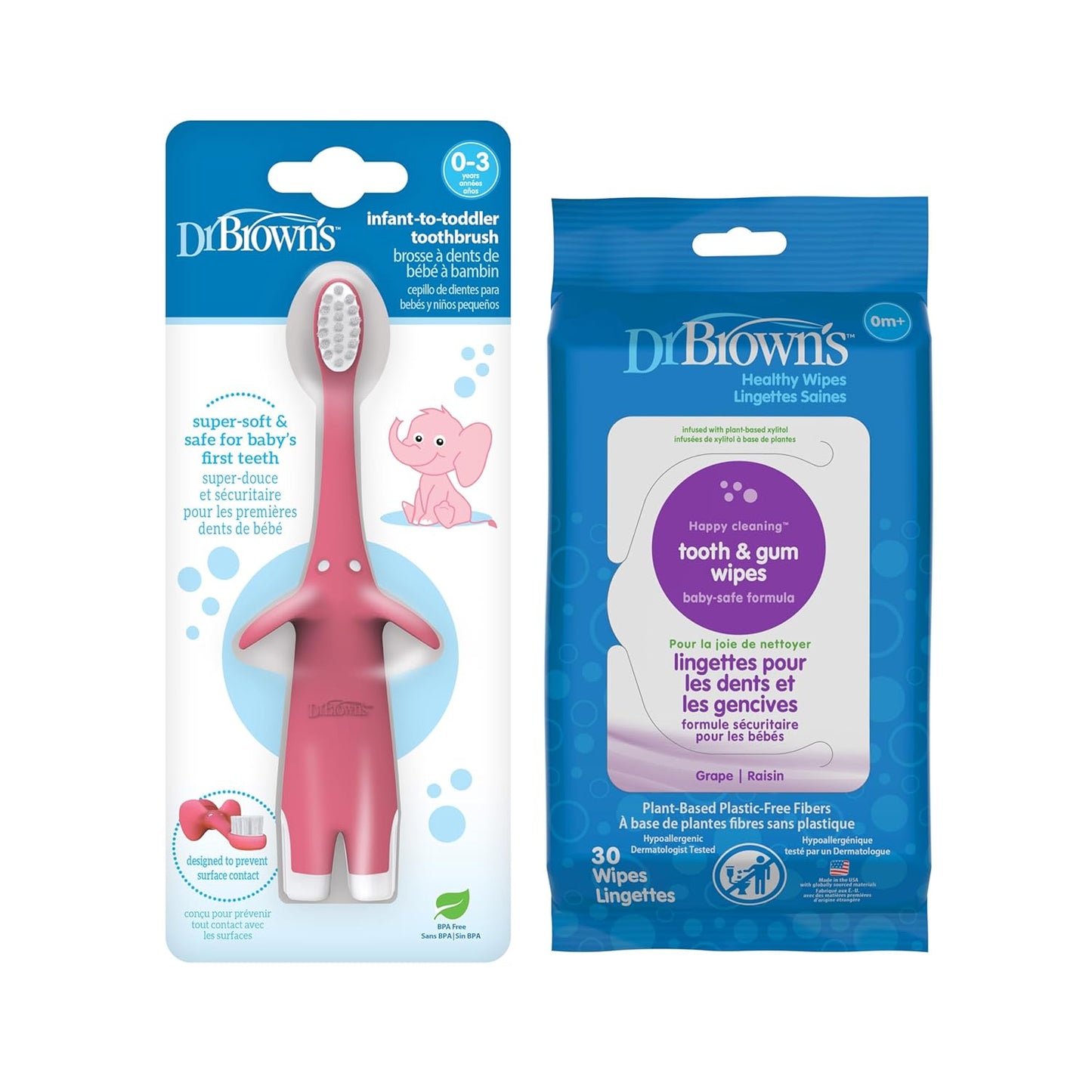 Dr. Brown's Infant-to-Toddler Training Toothbrush, Soft for Baby's First Teeth, Pink Elephant, 0-3 Years & Tooth and Gum Wipes, 30 Count
