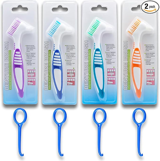 Denture Brush Dual Head Toothbrushes False Teeth Brush Denture Cleaning Kit Toothbrush (Purple Green Blue Orange)