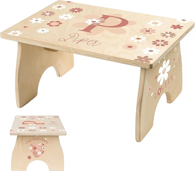 Daisy Step Stool for Toddlers- Personalized Wood Kids Step Stool with Name for Kitchen Sink, Bathroom, Potty Training, Toilet, Kitchen Sink- Sturdy and Safe- Made in USA by BloomOwl (Daisy)