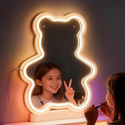 Bear Neon Light Mirror, Adorable Dimmable Acrylic Wall Decor with Warm White Glow, USB Powered Shatterproof Mirror for Girls, Kids Room