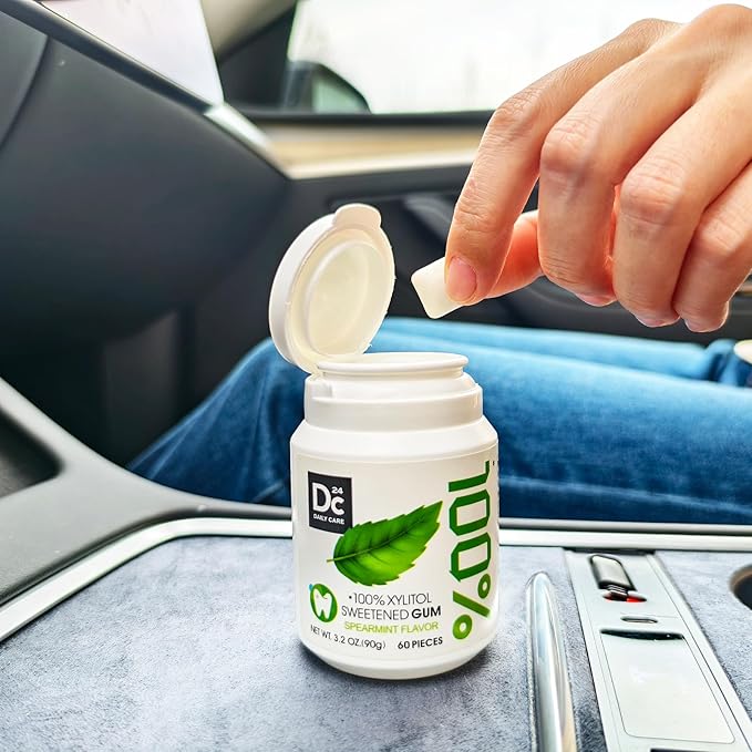 DC24 DAILY CARE 100% Xylitol Gum, No Aspartame, Sugar Free Chewing Gum, Natural Spearmint Flavor, Gluten Free, Vegan, 60 Pieces, Pack of 1