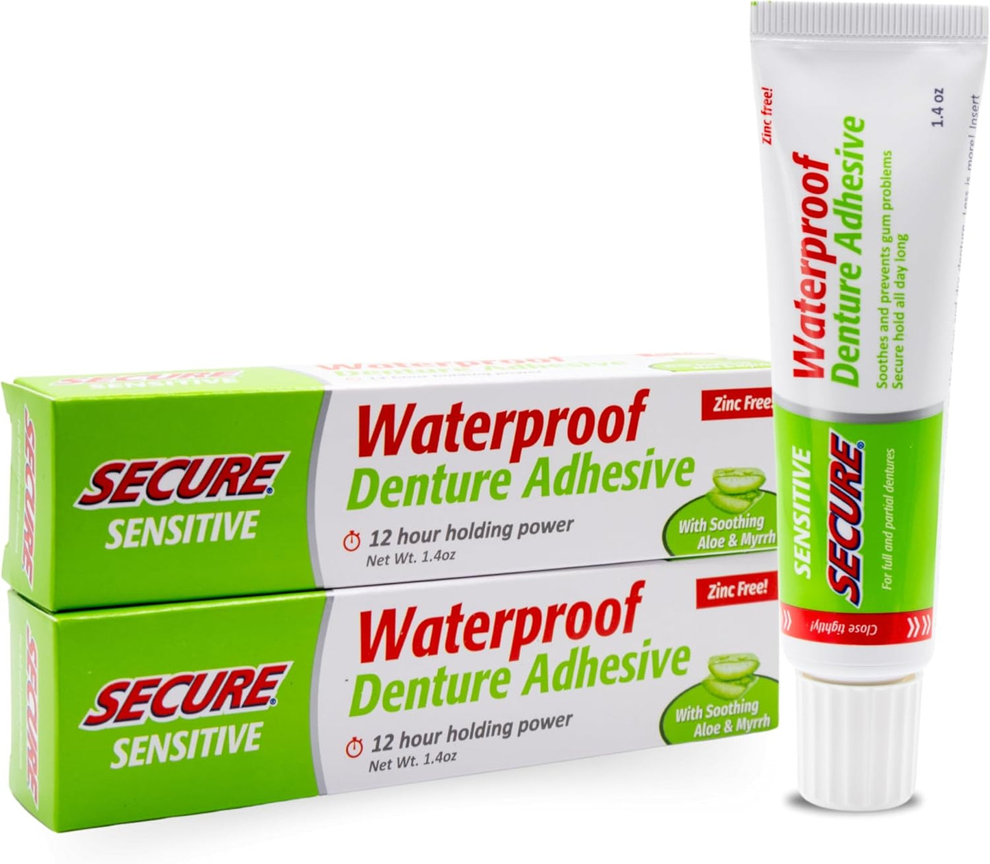 Secure Sensitive Denture Adhesive with Aloe Vera & Myrrh – 12-Hour Max Hold – Patented Waterproof Seal – for All Denture Types – Food Grade Ingredients – 1.4 oz