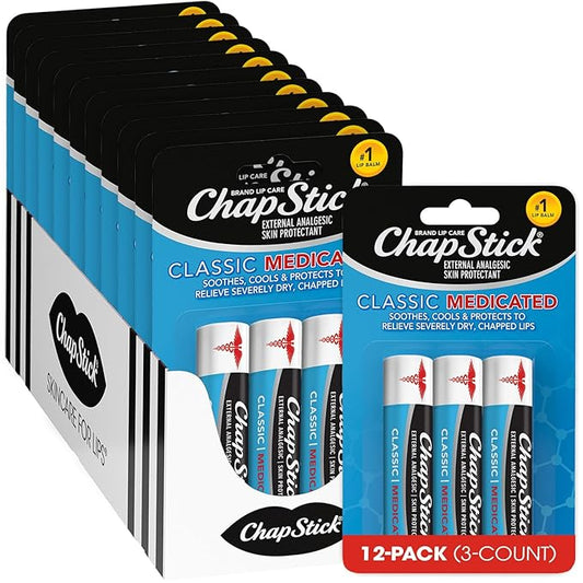 ChapStick Classic Medicated 3-Packs (12 Sets/36 Tubes) – Bulk Lip Balm, Dry Lips & Cold Sore Pain Relief Bundle, 0.15 Oz Ea