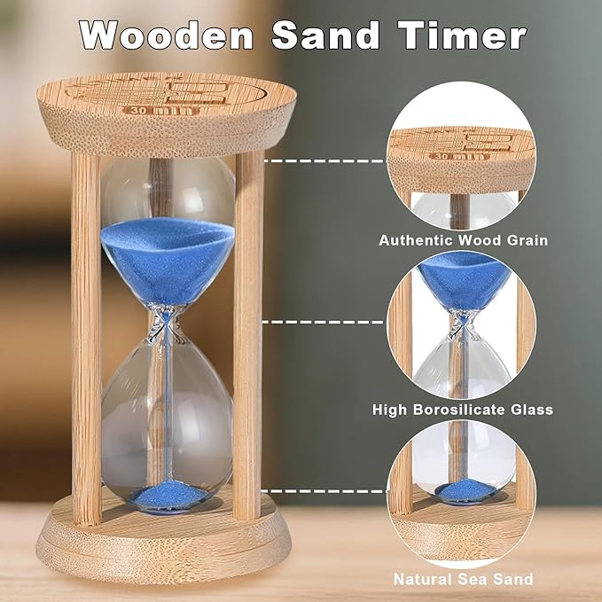 Wooden Sand Timers,10 Minute Stunning Glass Bamboo Blue Sand Hourglass for Productivity, Meditation & Decor, 10 Min Reloj De Arena for Kitchen, Office, Game (Blue)