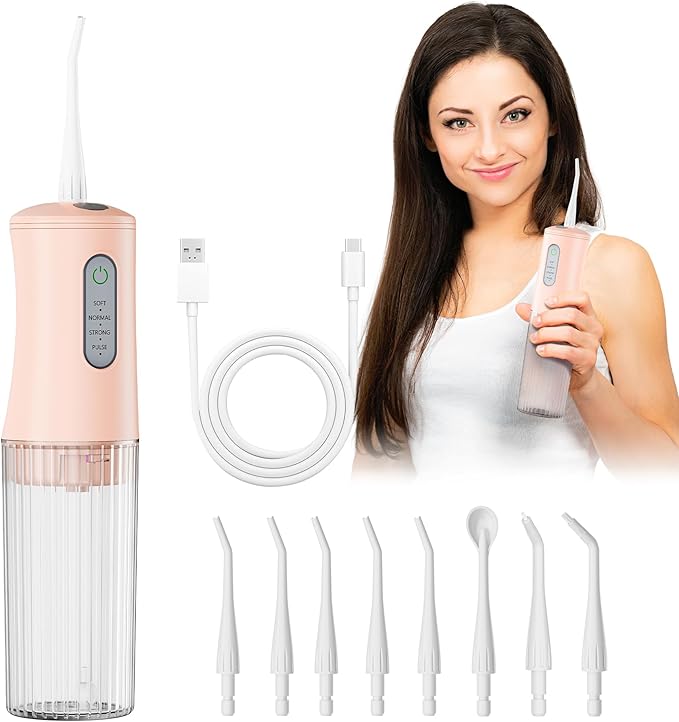 Cordless Water Flosser for Teeth Cleaning Pick - Electric Dental Irrigator with 4 Cleaning Modes & 8 Jet Tips, IPX7 Waterproof, Portable Rechargeable Design for Home & Travel Use, Pink