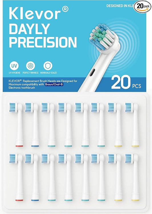 KLEVOR Replacement Toothbrush Heads for Oral‑B – 20 Count – Hygienic Double‑Blister Pack – Compatible with Oral‑B Pro, 1000, 3000, 5000, 7000 and More (Not iO Series)