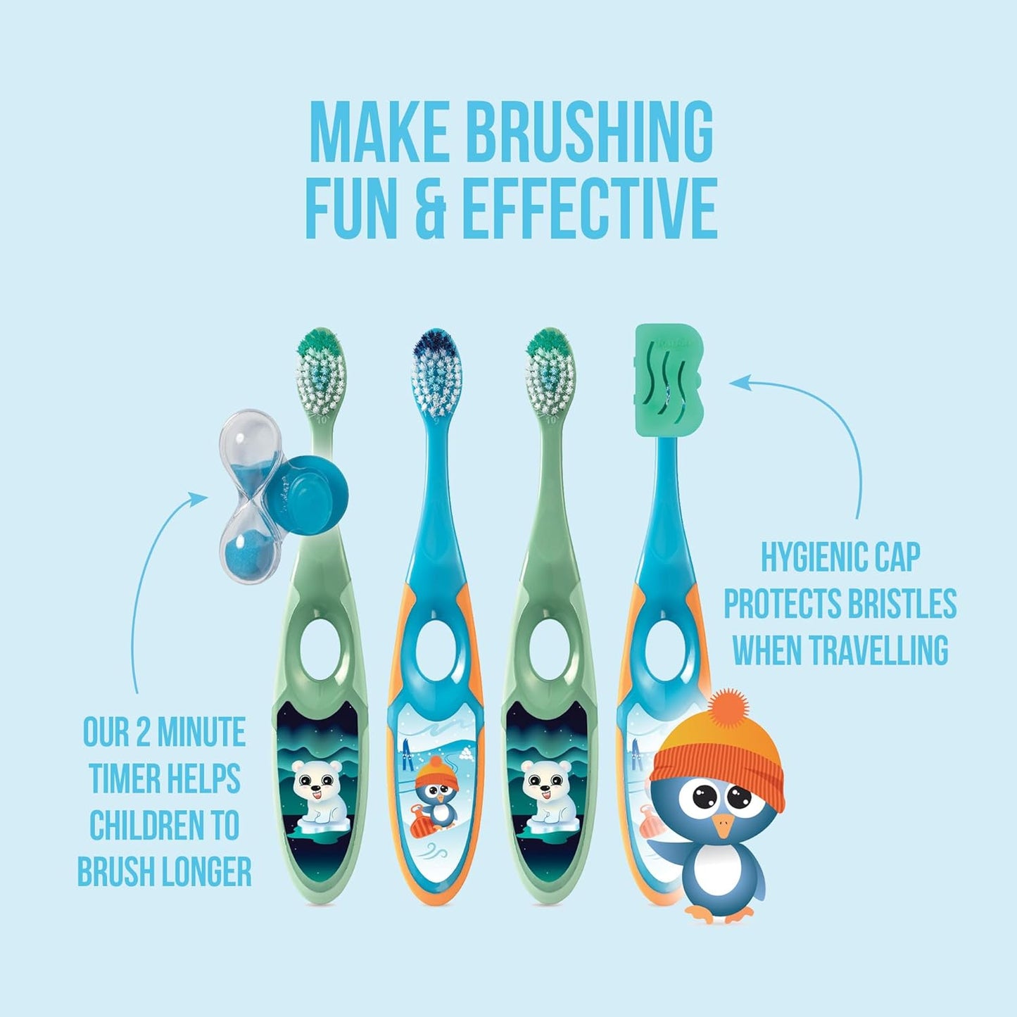 Jordan* | Step 2 Kids Toothbrush | 3-5 Years, Soft Bristles, BPA Free,4 Pack | Blue & Green
