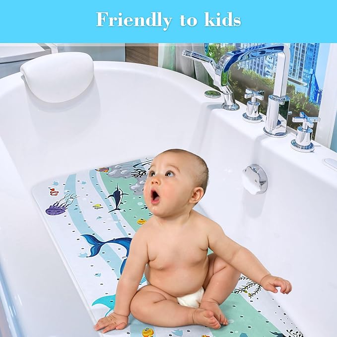 Bath Mat for Tub Non Slip, Machine Washable Anti-Slip Cartoon Baby Bathtub Shower Mat with Drain Holes and Suction Cups for Toddler & Kids (40 Inch x 16 Inch-Rectangular, Blue Dolphine)