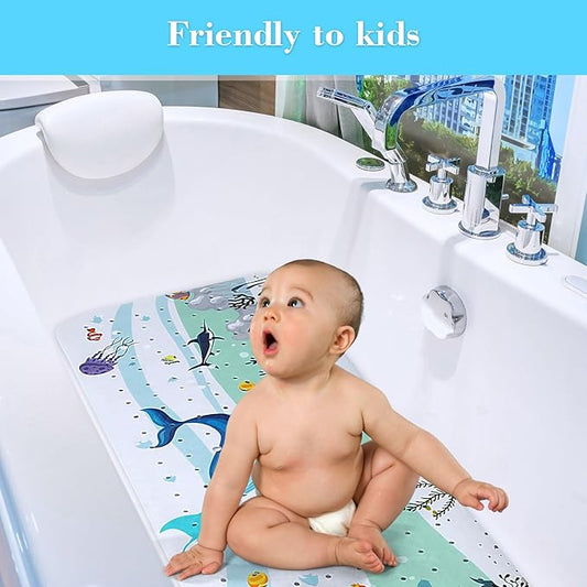 Bath Mat for Tub Non Slip, Machine Washable Anti-Slip Cartoon Baby Bathtub Shower Mat with Drain Holes and Suction Cups for Toddler & Kids (40 Inch x 16 Inch-Rectangular, Blue Dolphine)