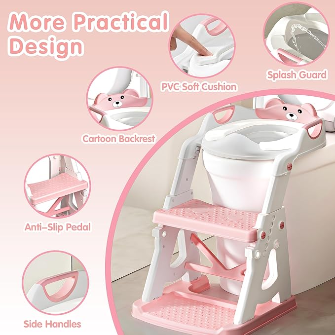 Potty Training Seat, 2 in 1 Potty Training Toilet with Step Stool for Boys Girls, Toddler Toilet Seat with Stabilizer Bar, Anti-Slip Pads and Splash Guard, Pink