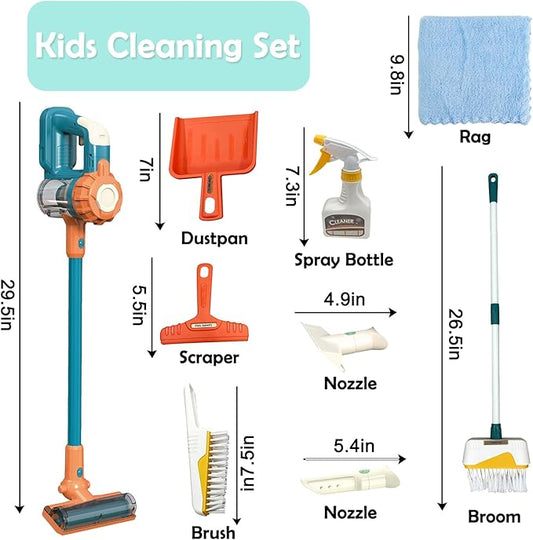 Kids Vacuum That Really Works 9Pcs Aged 3+ Kid Cleaning Set for Toddlers Toy Cleaner Kids Broom and Dustpan Set Scrub Brushes Baby Boy Girl Gifts ( 950Blue)