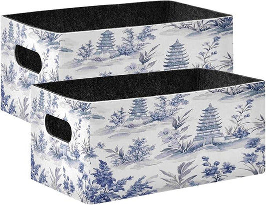 Kcldeci Retro Ink Chinese Pagodas Mountains Trees Storage Bins Baskets for Organizing 2Pack, Sturdy Storage Basket Foldable Storage Baskets for Shelves Closet Nursery Toy