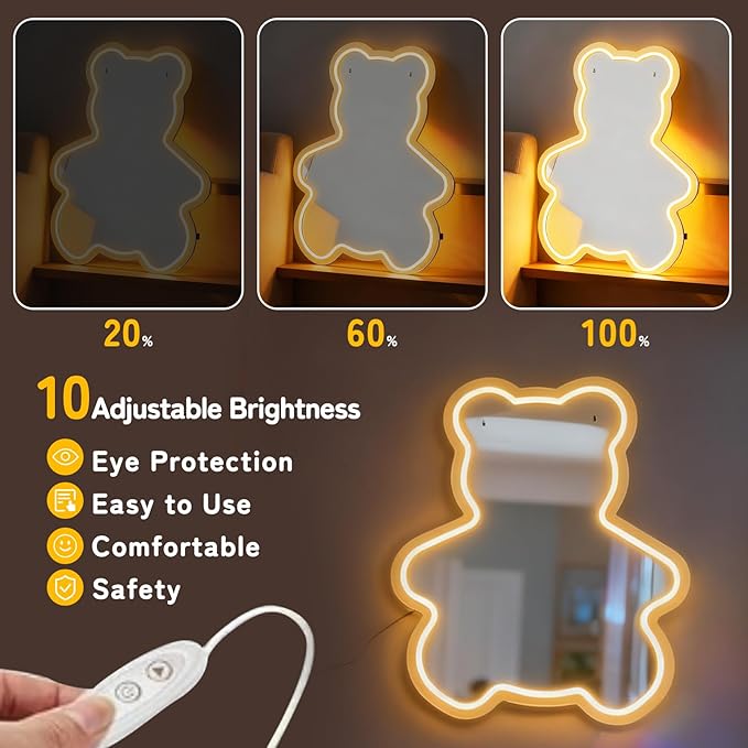 Bear Neon Light Mirror, Adorable Dimmable Acrylic Wall Decor with Warm White Glow, USB Powered Shatterproof Mirror for Girls, Kids Room