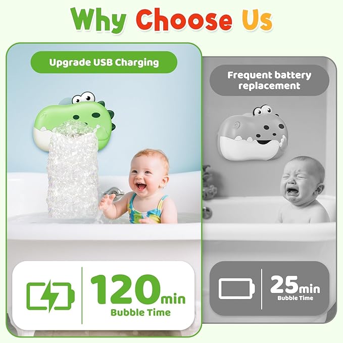 Baby Bath Toys, Rechargeable Dinosaur Bath Bubble Machine with Music, Bathtime Bathtub Toys for Toddlers Christmas Birthday Gifts, Bubble Maker Toys for Kids Ages 1-3 4-8 Baby Gifts(Green)