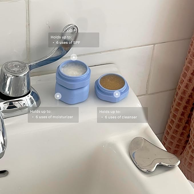 Cadence Travel Containers Basic Skincare Set - Magnetic Containers with Lids,Carry On Travel Essentials For Women/Men - 3 Small Capsules (0.56oz) - Cleanser, Moisturizer & Sun-Icon Labels - Pacific