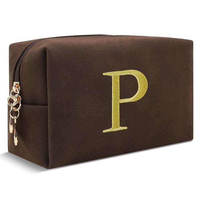 Personalized Initial Makeup Bag,Preppy Suede Cosmetic Bag for Teen Girls,Small Monogram Travel Toiletry Bag With Gold Embroidered Letter,Trendy Stuff Custom Christmas Gift for Women(Coffee-P)