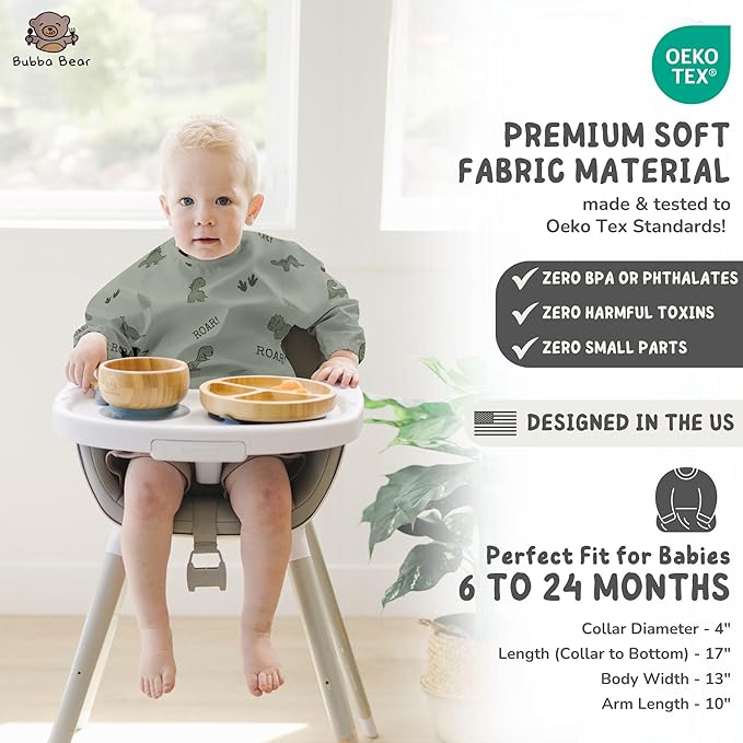 Bubba Bear Baby Bib with Sleeves, Long Sleeve Toddler Feeding Apron Bibs for Eating & Lead Weaning, Mess Proof Full Sleeved