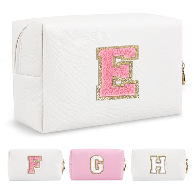 Personalized Makeup Bag Initial A-Z Preppy Patch Bag,Small PU Leather Travel Cosmetic Bag Pouch with Zipper,White Cute Toiletry Bag,Gift Ideal for Teen Girls Women Birthday Friend Mom,Letter E