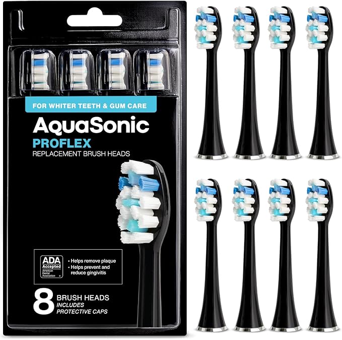 AquaSonic Proflex Replacement Brush Heads | ADA Accepted | for Whiter Teeth & Gum Care | Compatible with Many AquaSonic Toothbrush Handles (8 Pack Black)