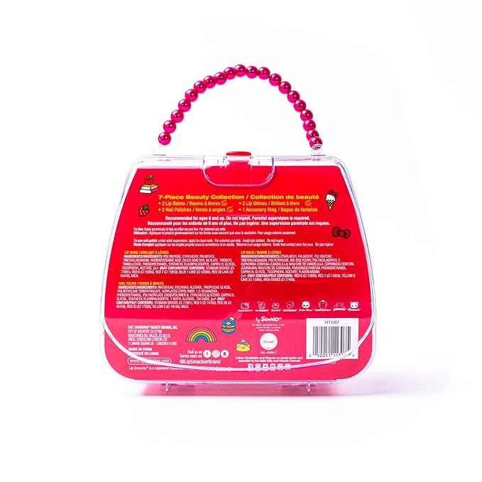 Lip Smacker Hello Kitty Nail Polish & Flavored Lip Balm Makeup Tote - Moisturizing Balms, Colorful Nail Polishes, Sanrio Accessory Ring, Stylish Tote Bag, Perfect Glam Gift for Hello Kitty Lovers