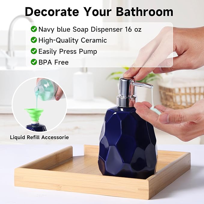 Ceramic Bathroom Accessories Set 4 PCS,Bathroom Toothbrush Holder Set,Soap and Toothbrush Holder Set,Include Toothbrush Holder,Soap Dispenser,Tumbler,Soap Dish,Bathroom Sets Decor Organizer(Navy Blue)