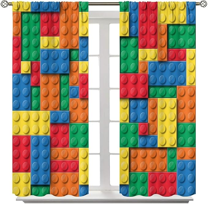 Kids Building Blocks Toy Curtains Children's Room Abstract Outline Colorful Plastic Toys Geometric Bricks Print Curtains for Boys Girls Nursery Curtains 63x63 Inches 2 Panels