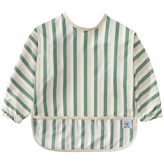 ARI MES Long Sleeves Waterproof Baby Bibs for Eating - Green Stripes, Large- Wearable, Coverall for Toddler, Long Sleeve Bib, Smock Apron for Feeding - Applicable for 6-72 Months
