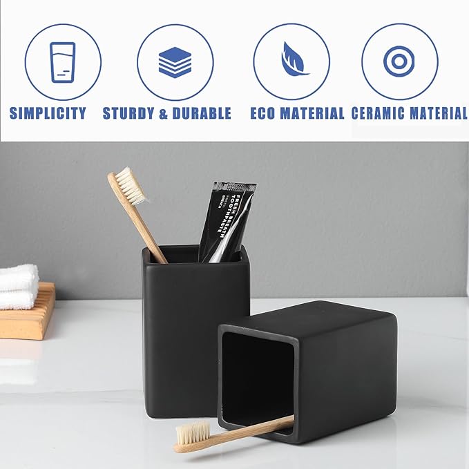 Black Square Toothbrush Holders for Bathrooms - 2 Cups Ceramic Square Toothbrush Toothpaste Holders Set, Bathroom Tumbler Cups Reusable Toothbrush Mouthwash Cup, Bathroom Counter Organizer.