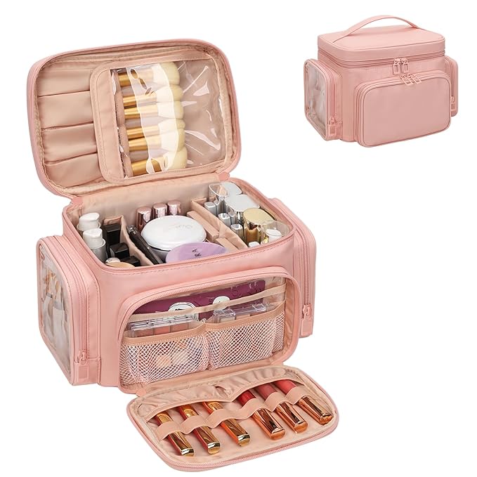 Large Makeup Bag, Portable Travel Makeup Bag Organizer for Women Girls with Makeup Brush Compartment & Two Side Pockets, Cosmetic Travel Bag Vertical Storage Toiletry - Pink