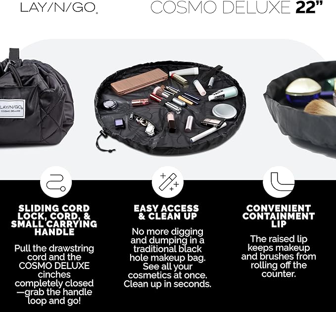 Lay-n-Go Cosmo Layflat Drawstring Cosmetic & Makeup Bag Organizer w/Zipper Pocket, Brush Loops & More, Cinch to Close, Lay Flat to Use, Durable, Machine Wash, Travel Toiletry Bag (22", Purple)