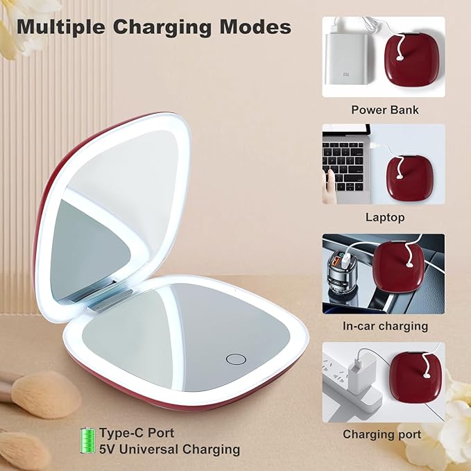 Mocado Compact LED Travel Makeup Mirror - 4 Inches 1X/10X Magnification Travel Mirror with Light Dimmable Double Sides Lighted USB Rechargeable Compact Mirror for Purse,Pocket,Travel(Wine Red)