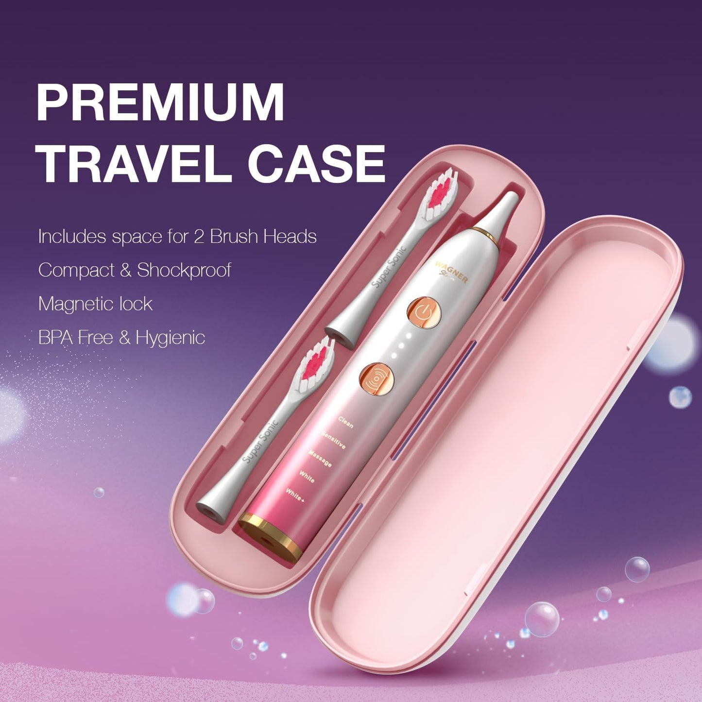 Wagner Stern WHITEN+ Edition. Whitening Electric Toothbrush with Pressure Sensor. Offers 5 Brushing Modes, 3 intensities, 8 Soft Brush Heads, and a Luxury Travel case. (Magnolia)