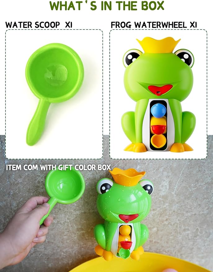 Baby Bath Toy with Suction Cups, Cute Frog Waterfall Bathtub Toy with Spinning Waterwheel, Interactive Toddler Bathtub Toy for Boys and Girls Gifts Ages 1-3