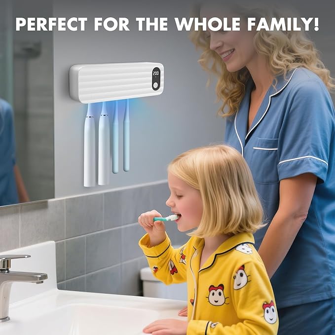 Sanitizeri Toothbrush Cleaner with 5 Slots, Smart Sanitizeri Toothbrush Holder Organizer, Cordless No Drilling Wall Mounted Rechargeable Holders for Bathroom Family, 200/400s Timer Function