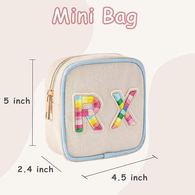 Small Canvas Rx Medicine Packages, Cute Chenille Letter Patch Drug Makeup Bag with Metal Zipper, Mini Travel First Aid Purse Organizer Machine Washable (03Blue-Rainbow)