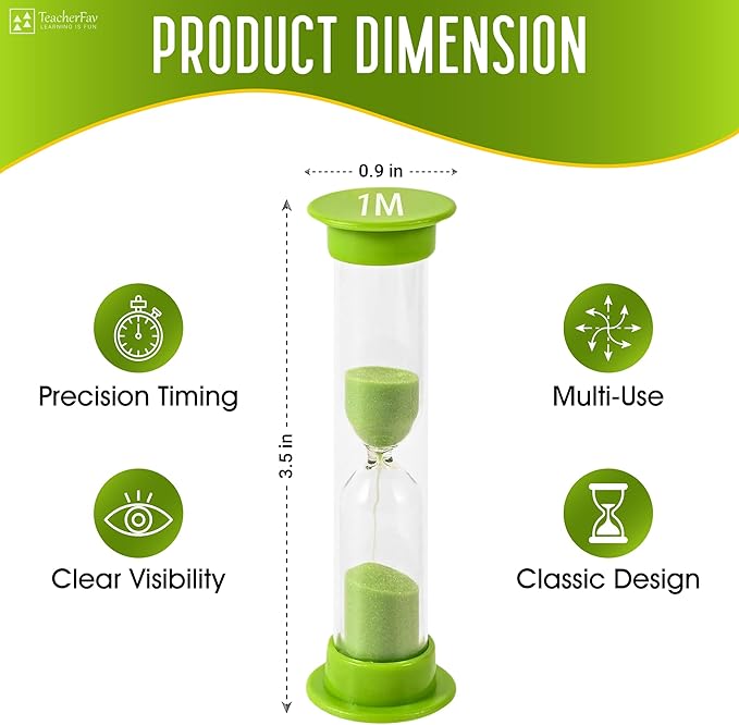 Sand Timer for Kids - 1 Minute Set of 4 Hour Glass - Green Color- Acrylic Covered for Classroom, Home & Kids Room