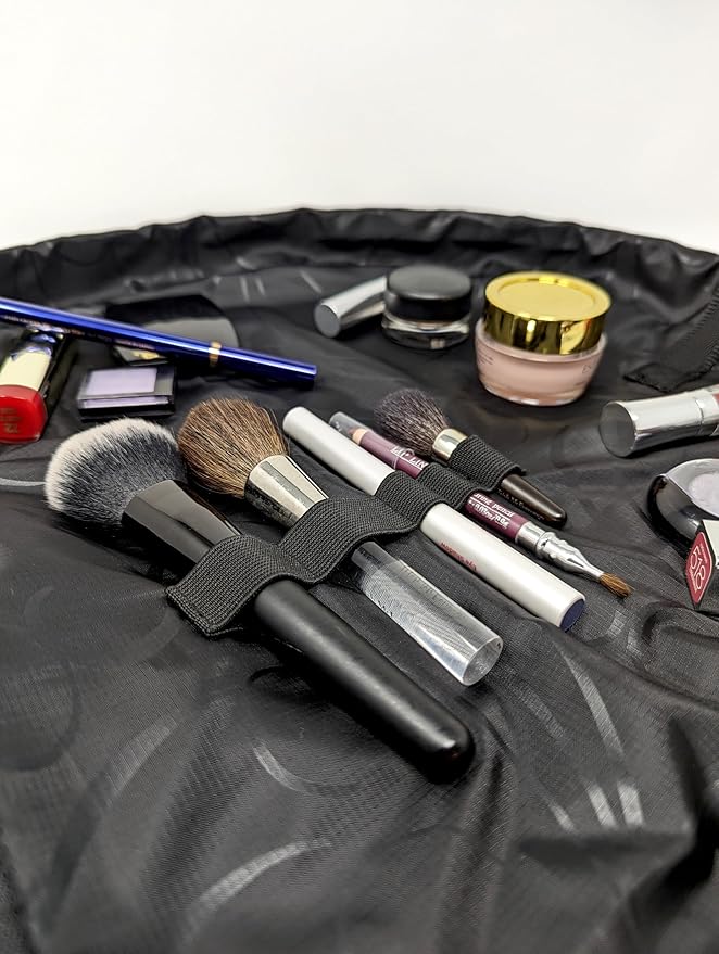 Lay-n-Go Cosmo Drawstring Cosmetic & Makeup Bag Organizer - Portable Drawstring Makeup Bag w/Zipper Pocket, Makeup Loops & More - Durable, Machine Washable Toiletry Bag (20", Comfort/Black Sherpa)