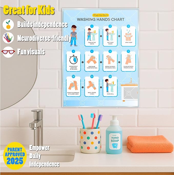 Washing Hands Chart Step by Step Laminated 9x12 Inch for Children Self Care Visual Chart Ideal for Special Needs and Autism (Washing Hands Chart - English)
