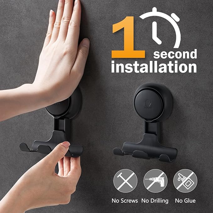 LEVERLOC Razor Holder for Shower 2 Pack, Powerful Vacuum Suction Cup Hook for Towel, Loofah, Razor, Squeegee, Damage-Free Wall Shower Hook, Shaver Holder for Bathroom, Easy to Install and Reuse, Black