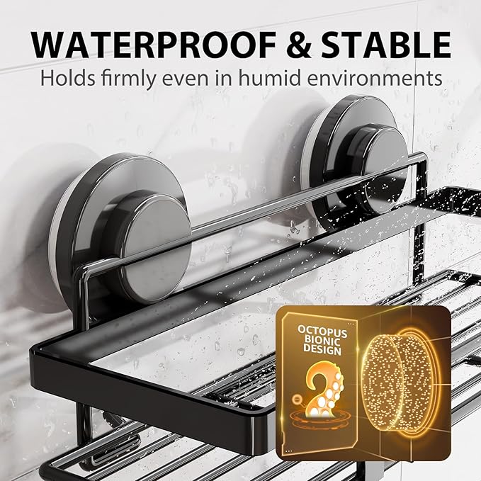 LEVERLOC Shower Caddy Suction Cup, 2 Pack Shower Shelves for Inside, Black Rustproof Metal Bathroom Storage NO-Drilling Bathroom Organizer with Large Capacity, Heavy Duty Storage Basket