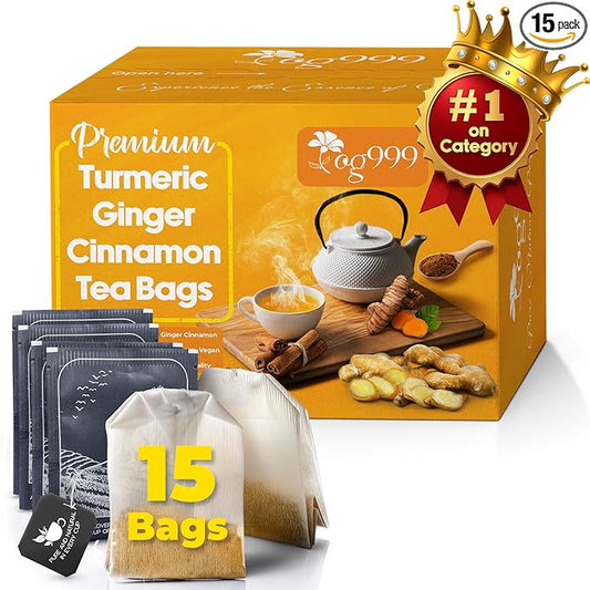 TOG999, 15 Turmeric, Ginger, Cinnamon Tea Bags, 100% Natural, Hand-made Blend of Turmeric, Ginger, and Cinnamon. Eco-conscious Tea Bags. No Sugar, No Caffeine, No Gluten, Vegan.